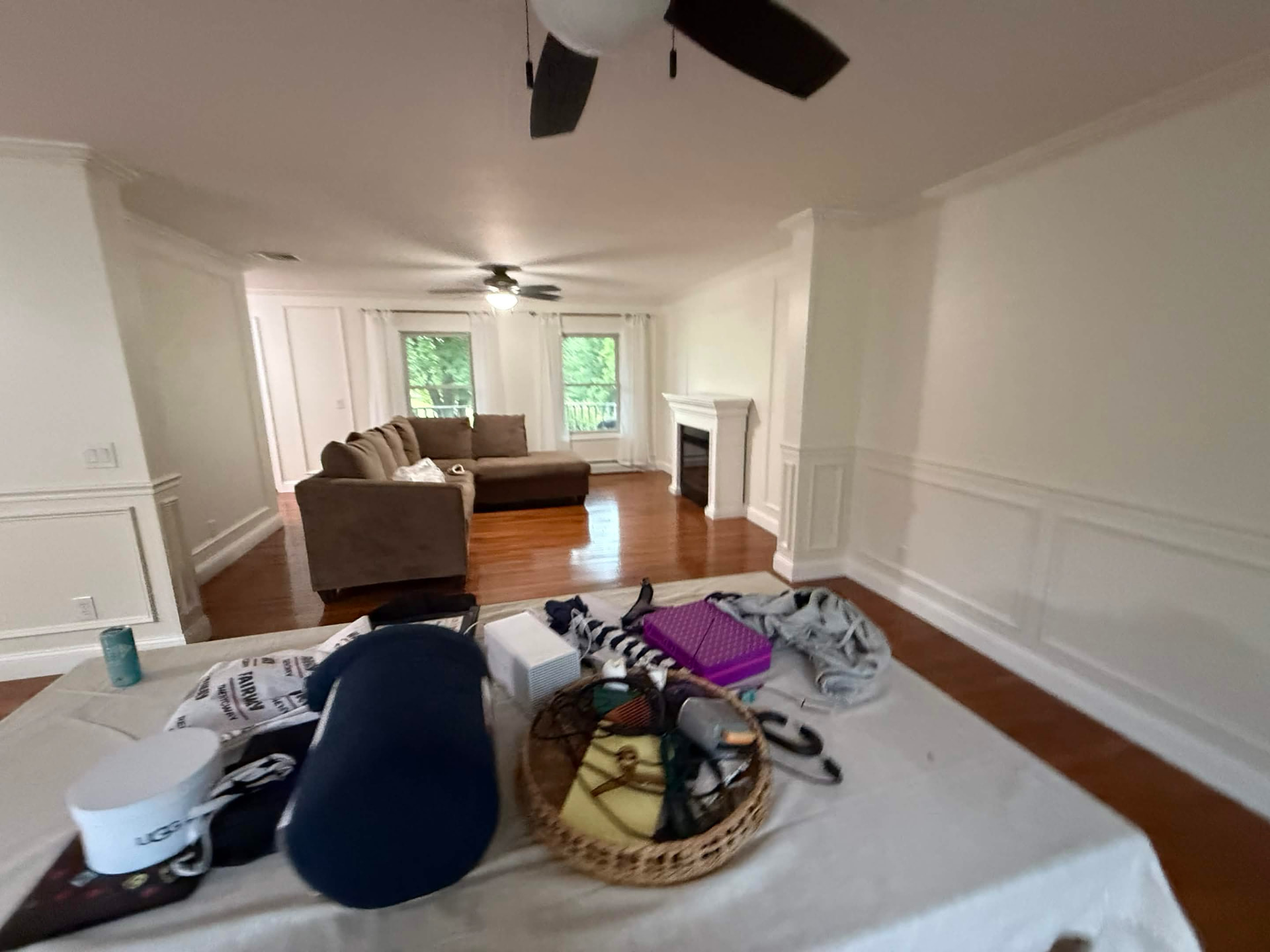 Living room with custom wall paneling and molding